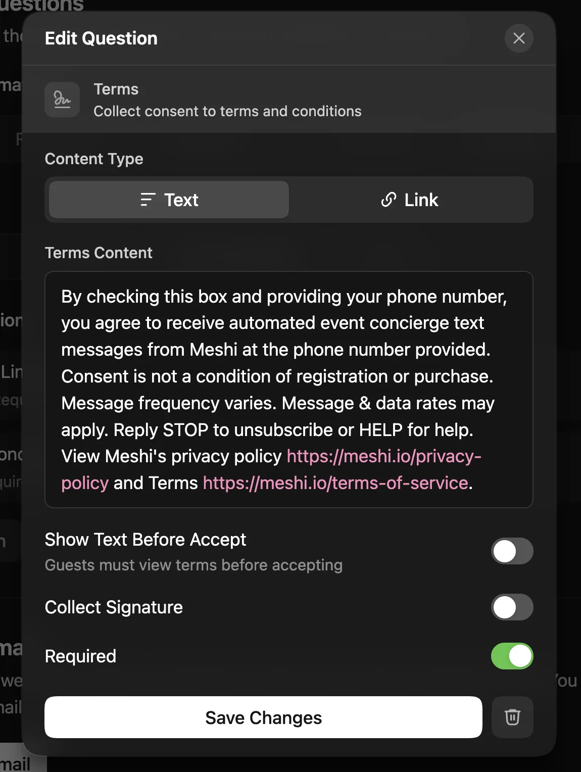 Luma's Edit Question dialog for a Terms question, with the content type set to Text and Required enabled.